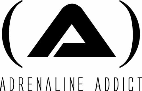Primary Adrenaline Addict logo lockup on a steel-blue background with the Manhattan Beach address