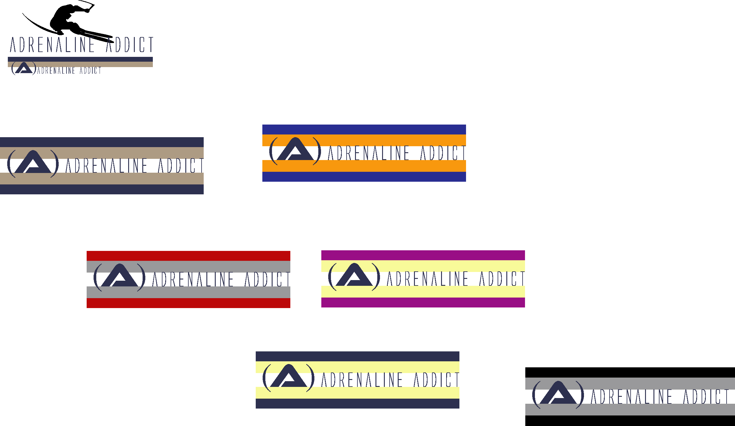 Sheet of woven-label color studies in navy, khaki, orange, red, gray, and yellow